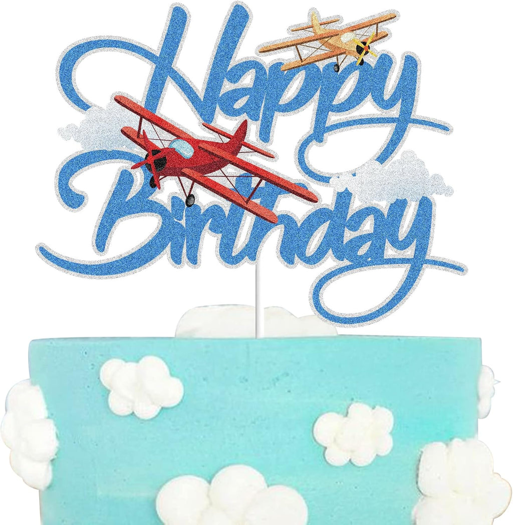 Airplane Happy Birthday Cake Topper - Aircraft Plane Travel Airman Theme Kids Boys Men Party Supplies
