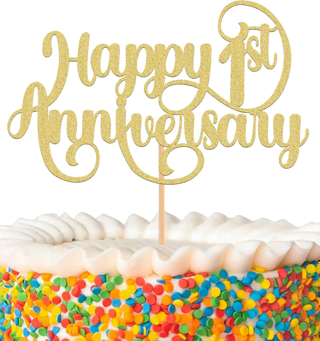 Happy 1st Anniversary Cake Topper - Glitter Golden First Wedding Anniversary Cake Decorations, Perfect for 1st Wedding Anniversary, First Birthday Party or Photo Booth Props