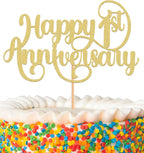 Happy 1st Anniversary Cake Topper - Glitter Golden First Wedding Anniversary Cake Decorations, Perfect for 1st Wedding Anniversary, First Birthday Party or Photo Booth Props