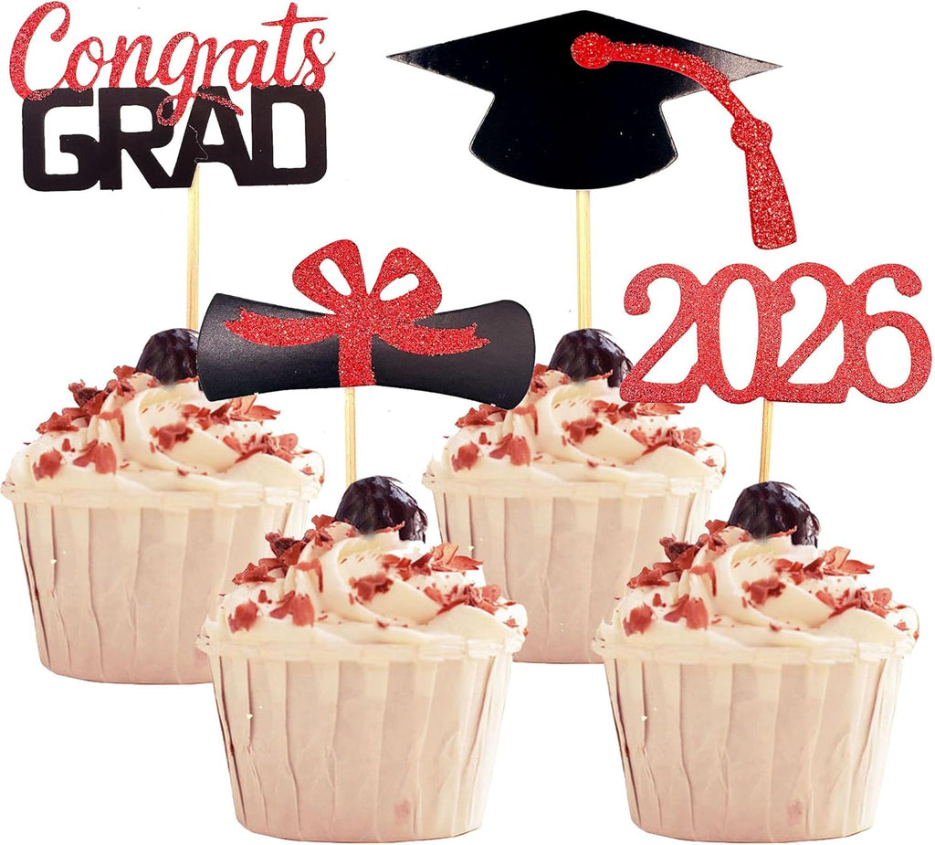 YuBoBo 2026 Graduation Cupcake Toppers, 48 PCS Food/Appetizer Picks For Graduation Party Mini Cake Decorations, Diploma, 2026, Grad Cap Set 48 Pieces (03 Red)