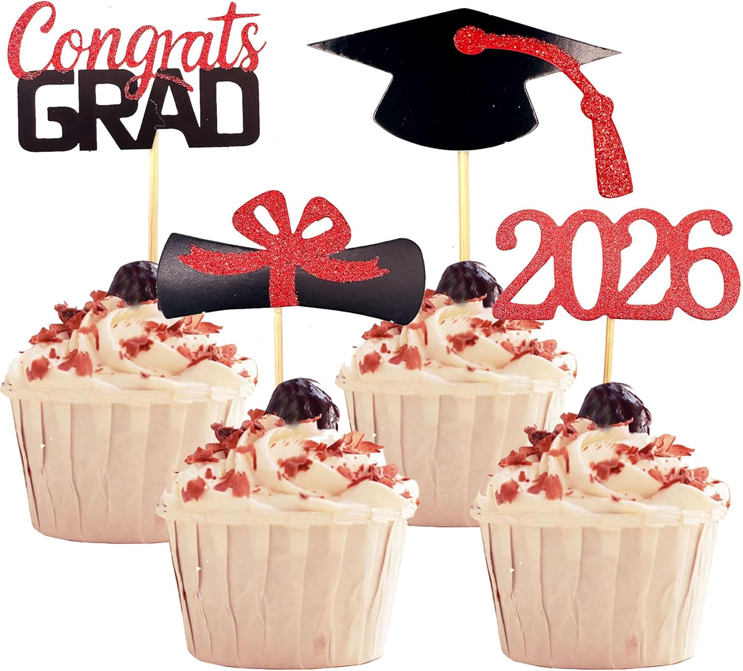 YuBoBo 2026 Graduation Cupcake Toppers, 48 PCS Food/Appetizer Picks For Graduation Party Mini Cake Decorations, Diploma, 2026, Grad Cap Set 48 Pieces (03 Red)