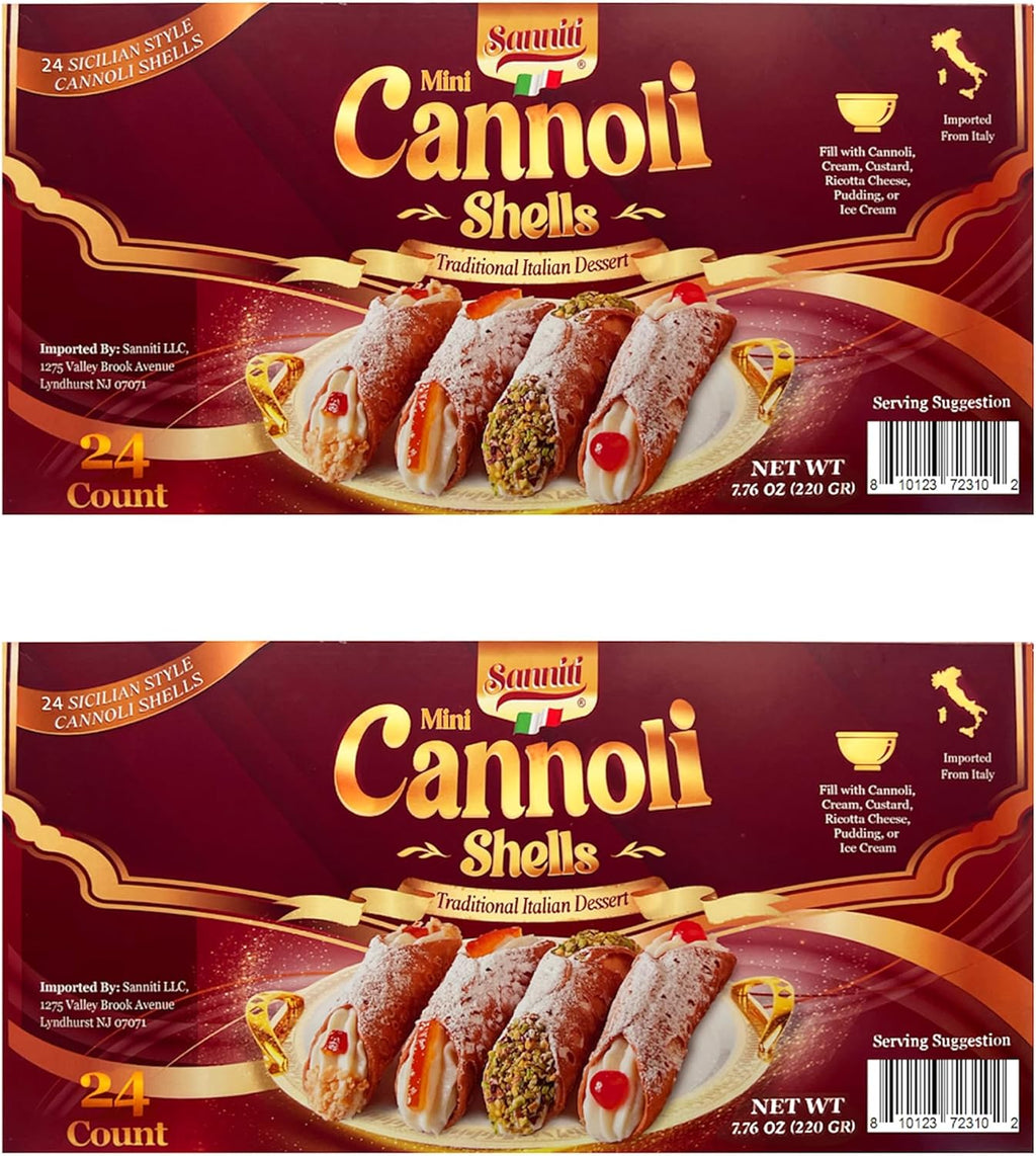 Sanniti Mini Cannoli Shells | Traditional Sicilian-Style Dessert | Product of Italy | 24 Count | Fill with Cream, Custard, Ricotta Cheese, Pudding, or Ice Cream | 7.76 oz (Pack of 2)