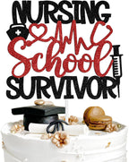 Nursing School Survivor Cake Topper, 2026 Congrats Nurse Grad Graduation Cake Decor, Future RN/Big BSN Energy Graduation Party Decorations Supplies, Red and Black Glitter