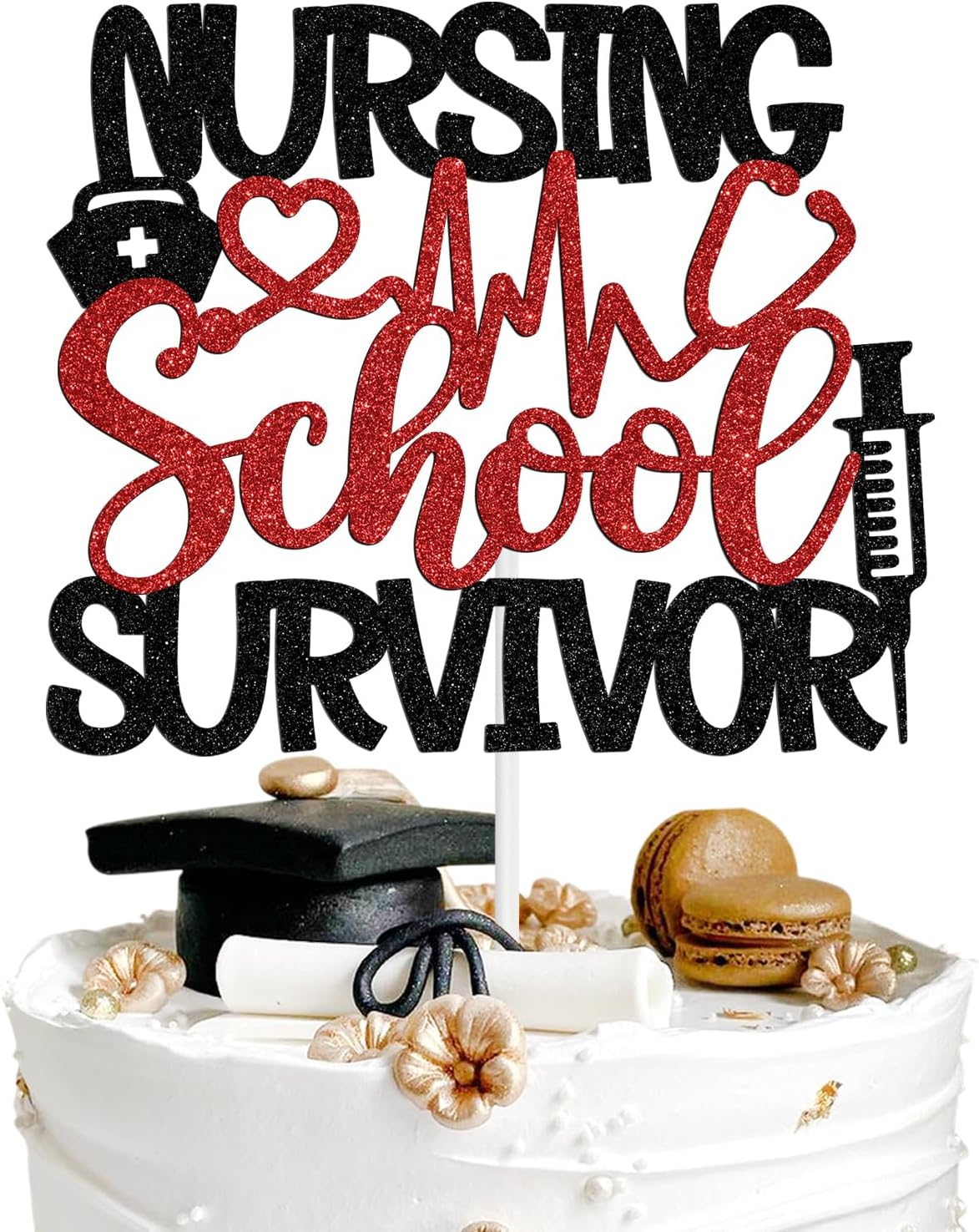 Nursing School Survivor Cake Topper, 2026 Congrats Nurse Grad Graduation Cake Decor, Future RN/Big BSN Energy Graduation Party Decorations Supplies, Red and Black Glitter