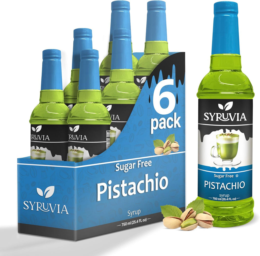 Sugar-Free Pistachio Syrup by Syruvia 6-Pack, 25.4 fl oz, Wholesale Coffee Syrup Shops, Cafes, Baristas, Bistros, & Beverage Bars, Bulk Kosher & Gluten-Free