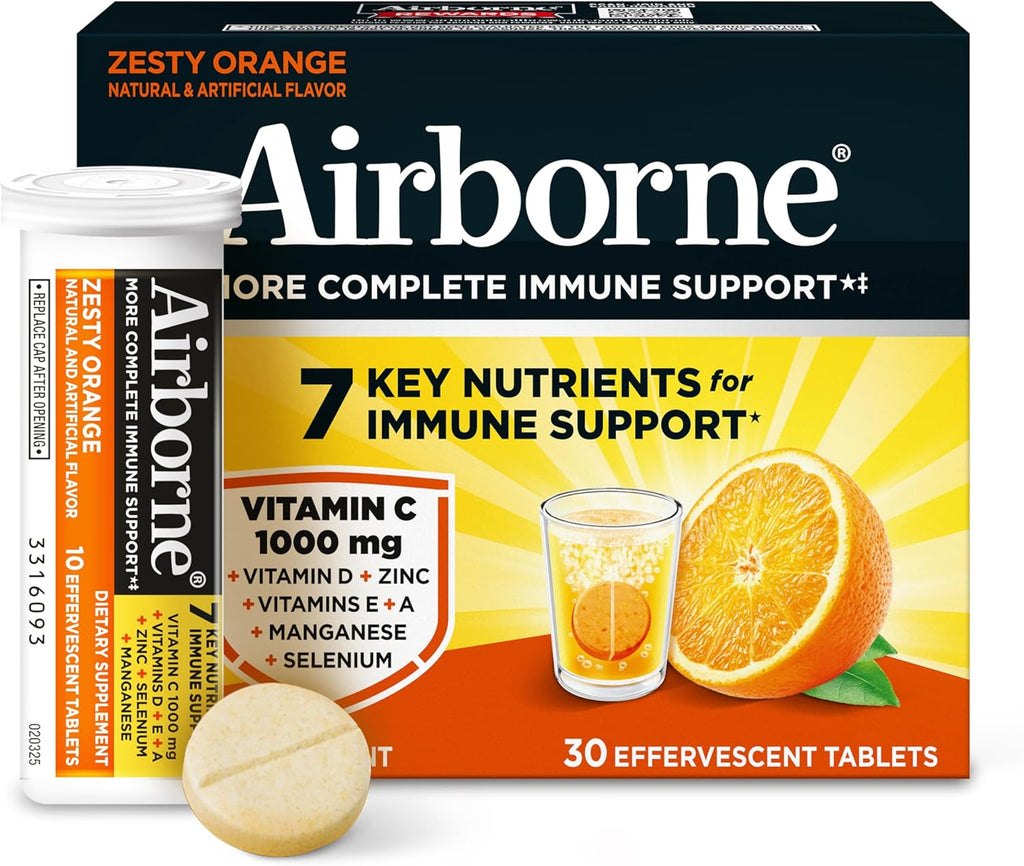 Airborne 1000mg Vitamin C with Vitamin D & Zinc, Sugar Free Multivitamin Immune Support Supplement, Antioxidants Vitamins A C & Vitamin E, 30 Effervescent Tablets, Zesty Orange Flavor