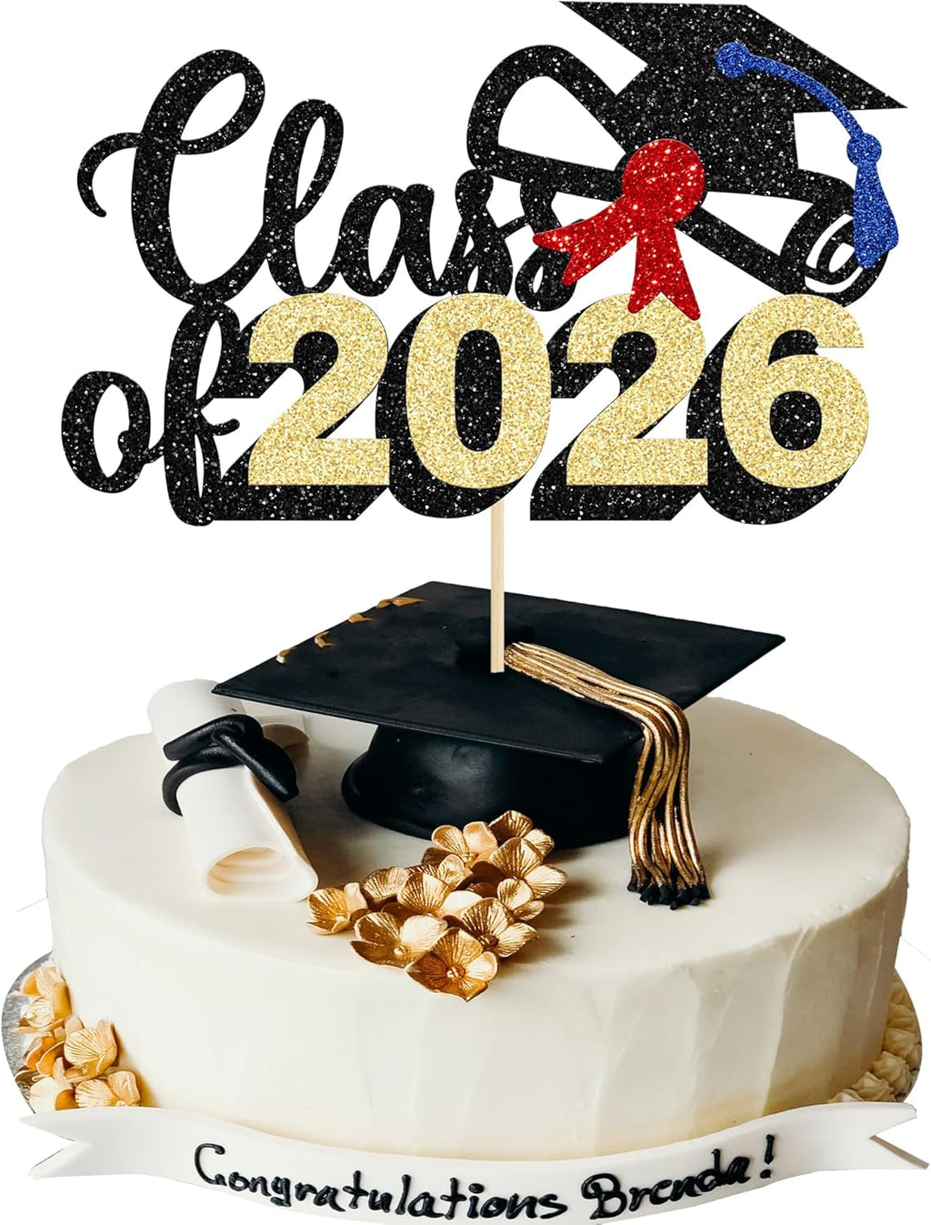 1 Pack Class of 2026 Cake Topper Gold Glitter Congrats Grad Cap 2026 Graduation Cake Pick for 2026 Graduation Theme High School Boys Girls Graduate Party Cake Decorations Supplies