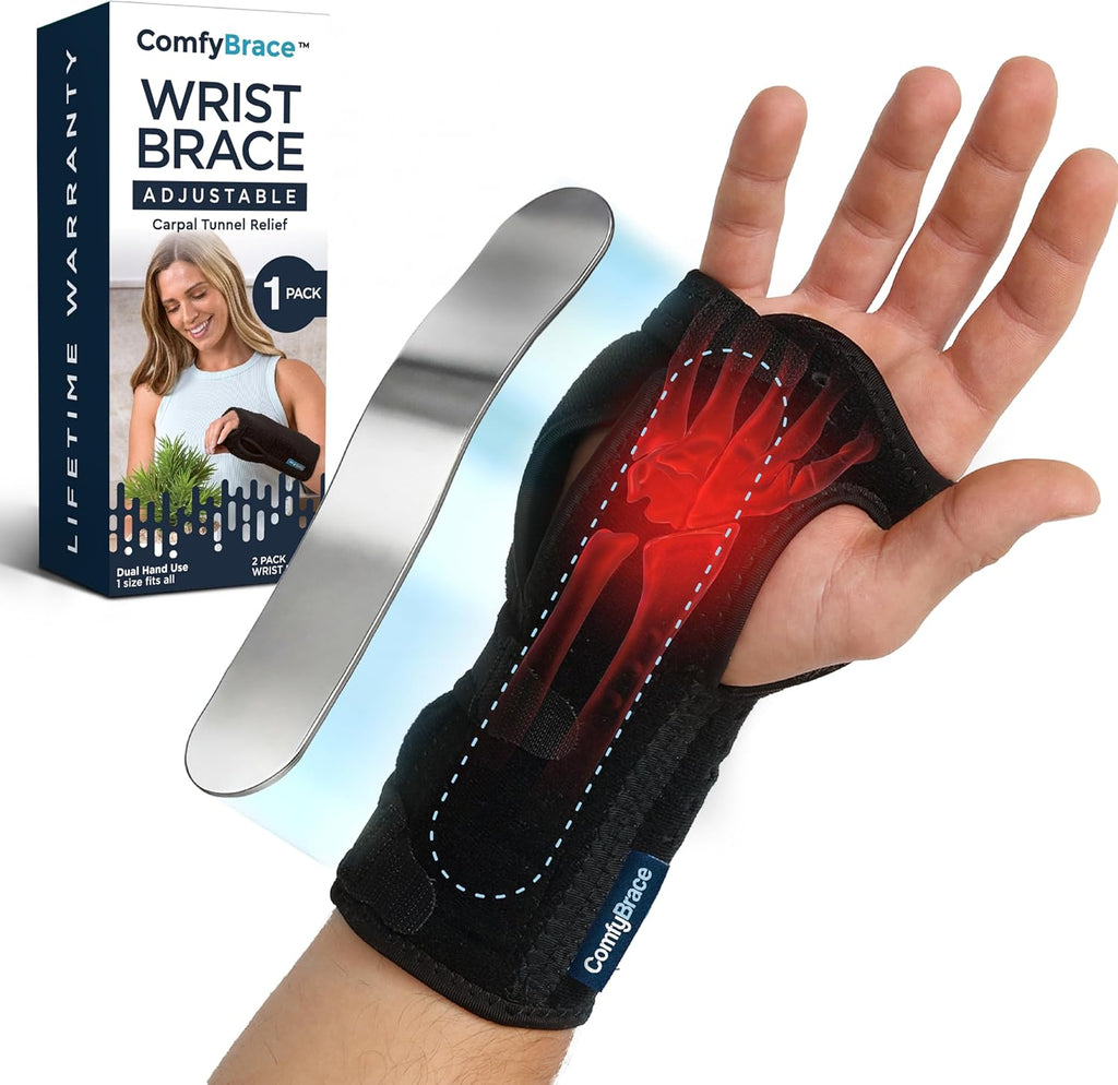 ComfyBrace® Carpal Tunnel Wrist Brace - with Splint and Palm Cushion - (Adjustable and Fits Both Hands) - for Support, Carpal Tunnel, Tendonitis, Wrist Injury, and Pain (Pack of 1)