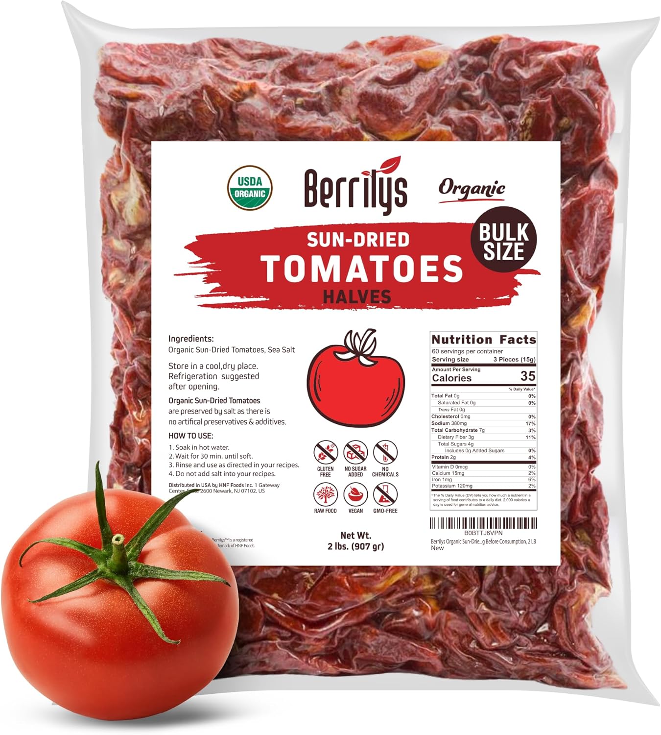 Sun-Dried Tomatoes, 2 LBS, USDA Organic, Berrilys, No Sulfur, No Preservatives, Seasalt is used as natural preservative, Raw, Non-GMO, Great Ingredient for Baking and Cooking