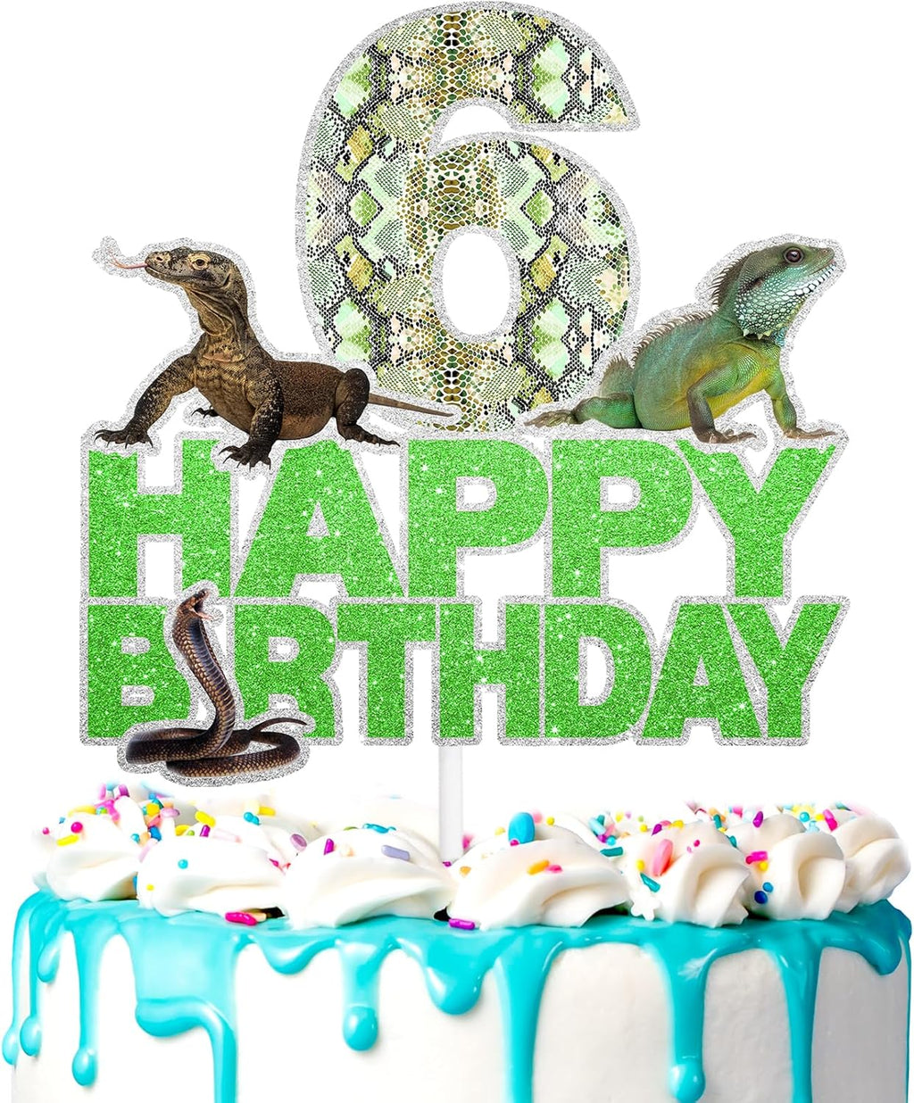 Reptile Cake Topper Lizard Theme 6th Birthday Happy Gecko Lizard Decorations for Boys or Girls Reptile Themed Birthday Party, Swamp Themed Party, or Pet Birthday Party Decorations. SugarGera