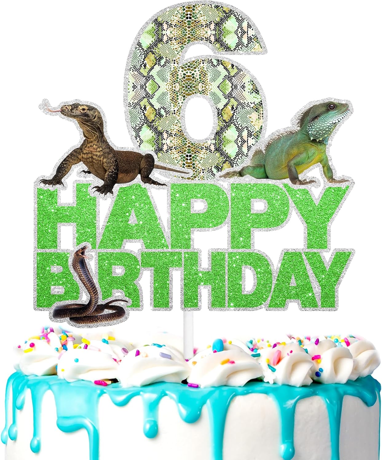 Reptile Cake Topper Lizard Theme 6th Birthday Happy Gecko Lizard Decorations for Boys or Girls Reptile Themed Birthday Party, Swamp Themed Party, or Pet Birthday Party Decorations. SugarGera