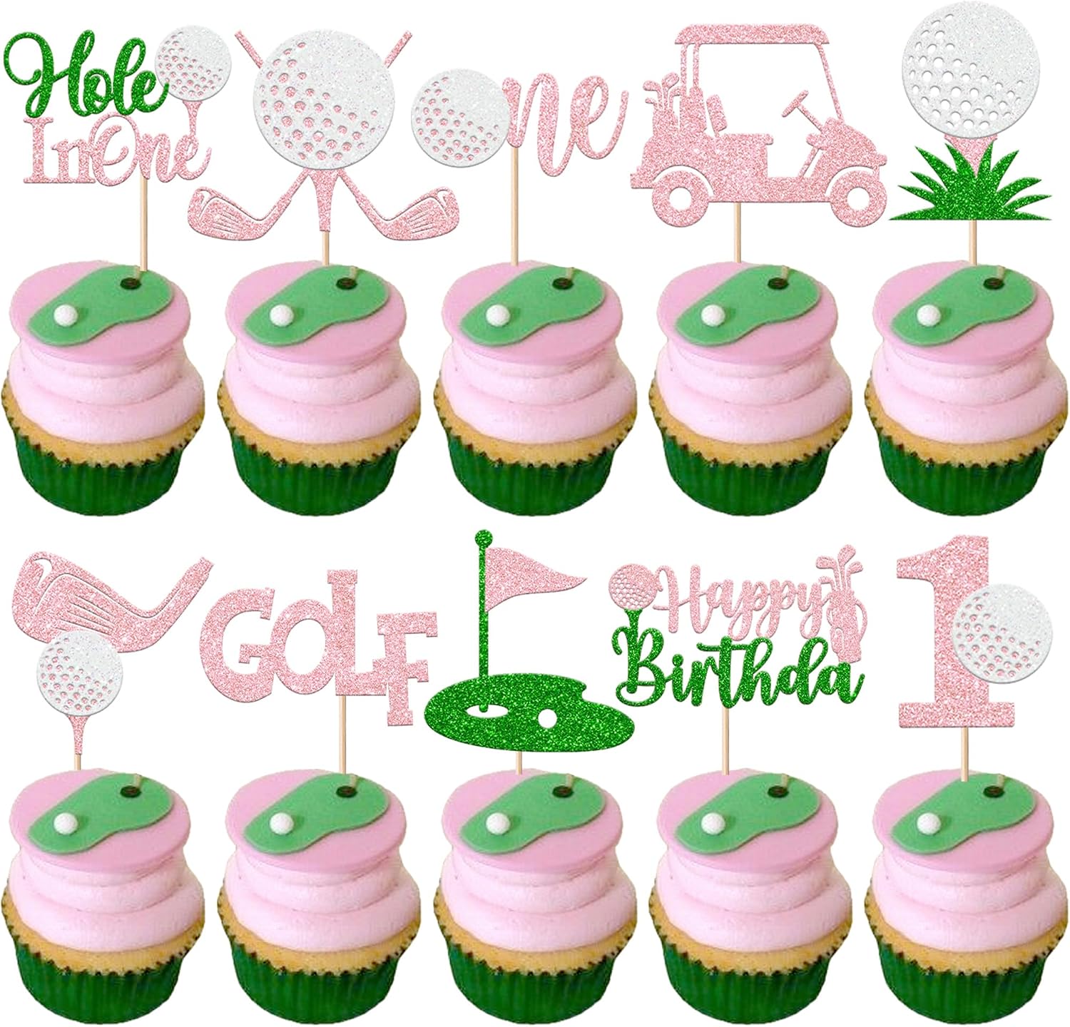 Rsstarxi 30 Pack Golf Hole in One Cupcake Toppers Golf 1st Birthday Cupcake Picks Flag Ball Carts Golf First Birthday Cake Decorations for Girls Baby Shower Golf Party Decorations Pink