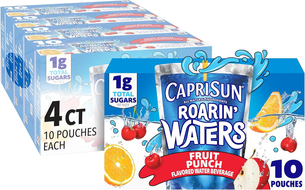 Capri Sun Roarin' Waters Fruit Punch Flavored with other natural flavor Water Beverage, 40 ct Pack, 4 Boxes of 10 Drink Pouches