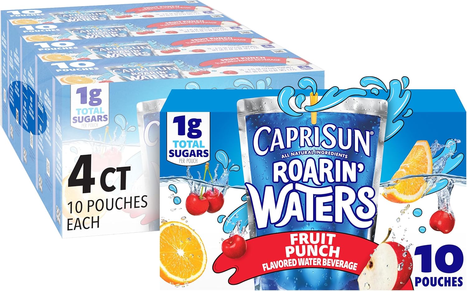 Capri Sun Roarin' Waters Fruit Punch Flavored with other natural flavor Water Beverage, 40 ct Pack, 4 Boxes of 10 Drink Pouches