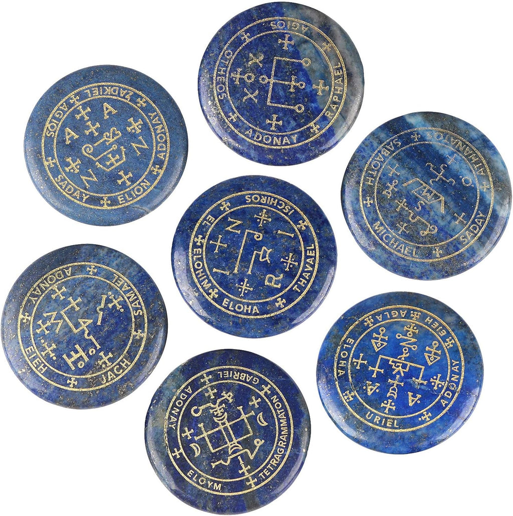 mookaitedecor 7 Piece Lapis Lazuli Stones with Engraved Magic Archangel Symbol Polished Palm Stone for Reiki Crystal Healing