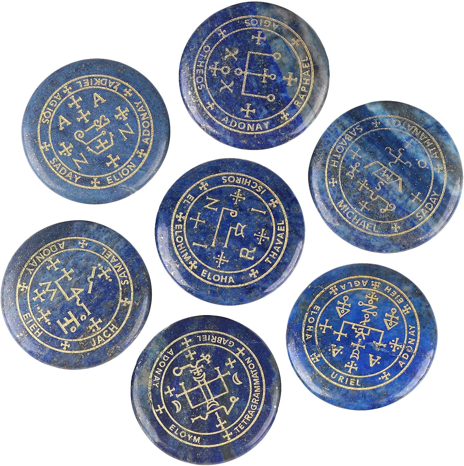 mookaitedecor 7 Piece Lapis Lazuli Stones with Engraved Magic Archangel Symbol Polished Palm Stone for Reiki Crystal Healing