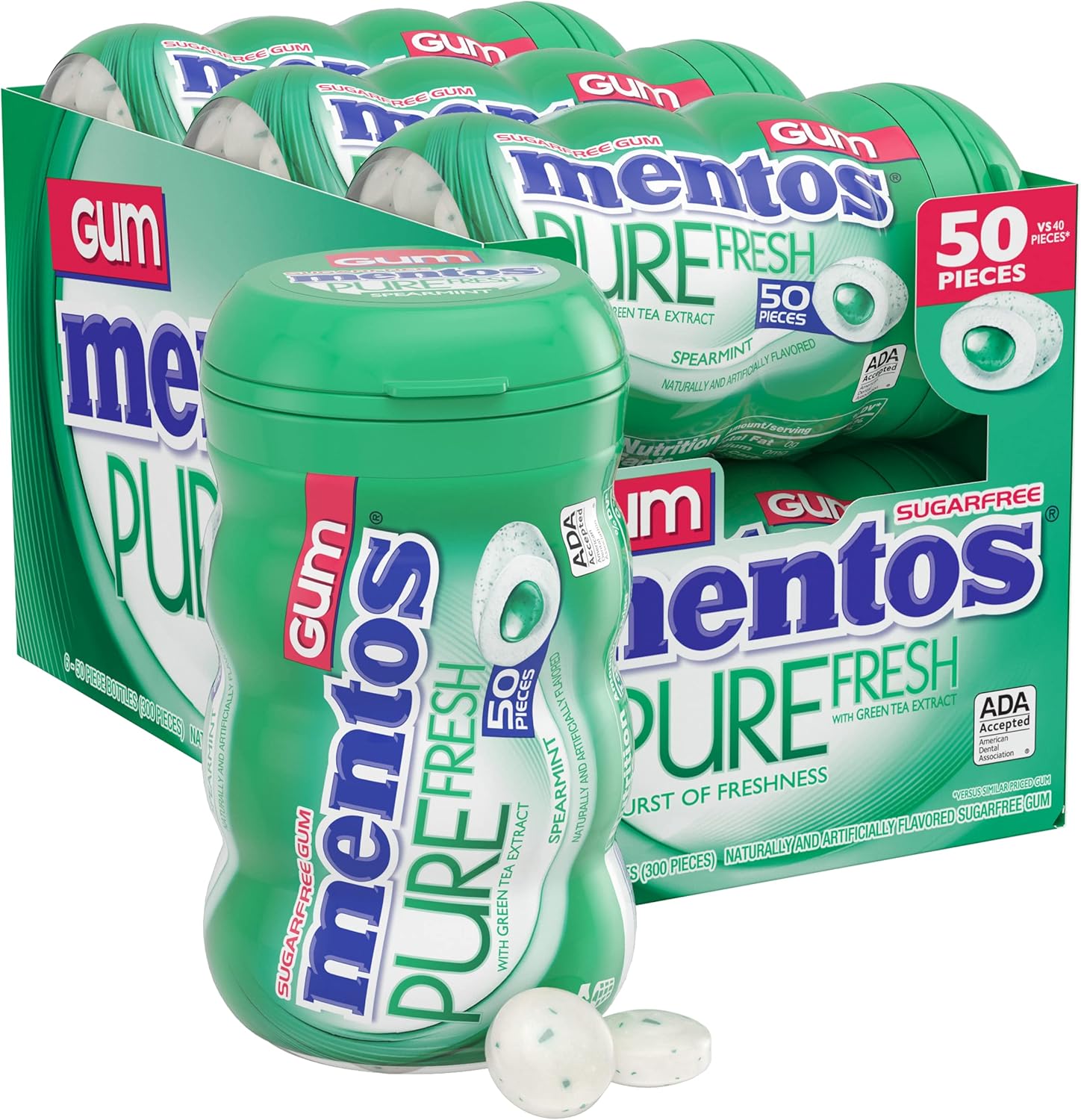 Mentos Pure Fresh Sugar Free Gum, Spearmint, 50 Piece Bottle, Pack of 6