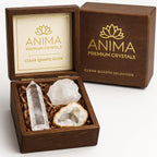 Anima Premium Clear Quartz Crystal Set for Clarity, Focus & Energy Amplification – Authentic Clear Quartz Tower, Cluster & Raw Crystal Presented in Elegant Wooden Gift Box – Responsibly Sourced