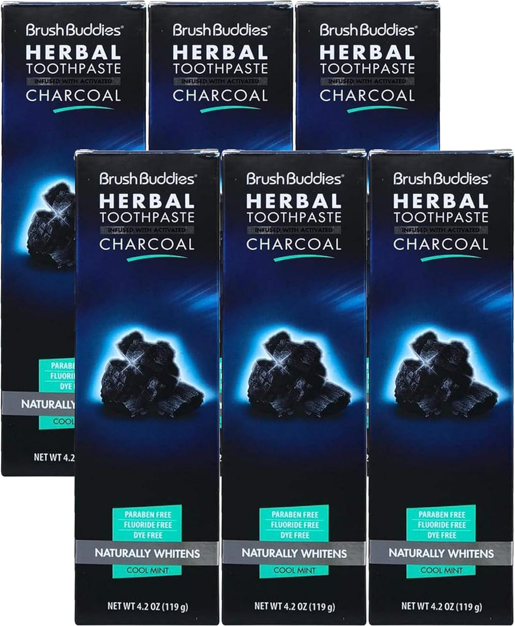 Brush Buddies Charcoal Toothpaste 6 Pack, 3.5 oz | Activated Charcoal Whitening Toothpaste | Fluoride-Free, Cool Mint | Herbal for Sensitive Teeth, Bad Breath & Stains