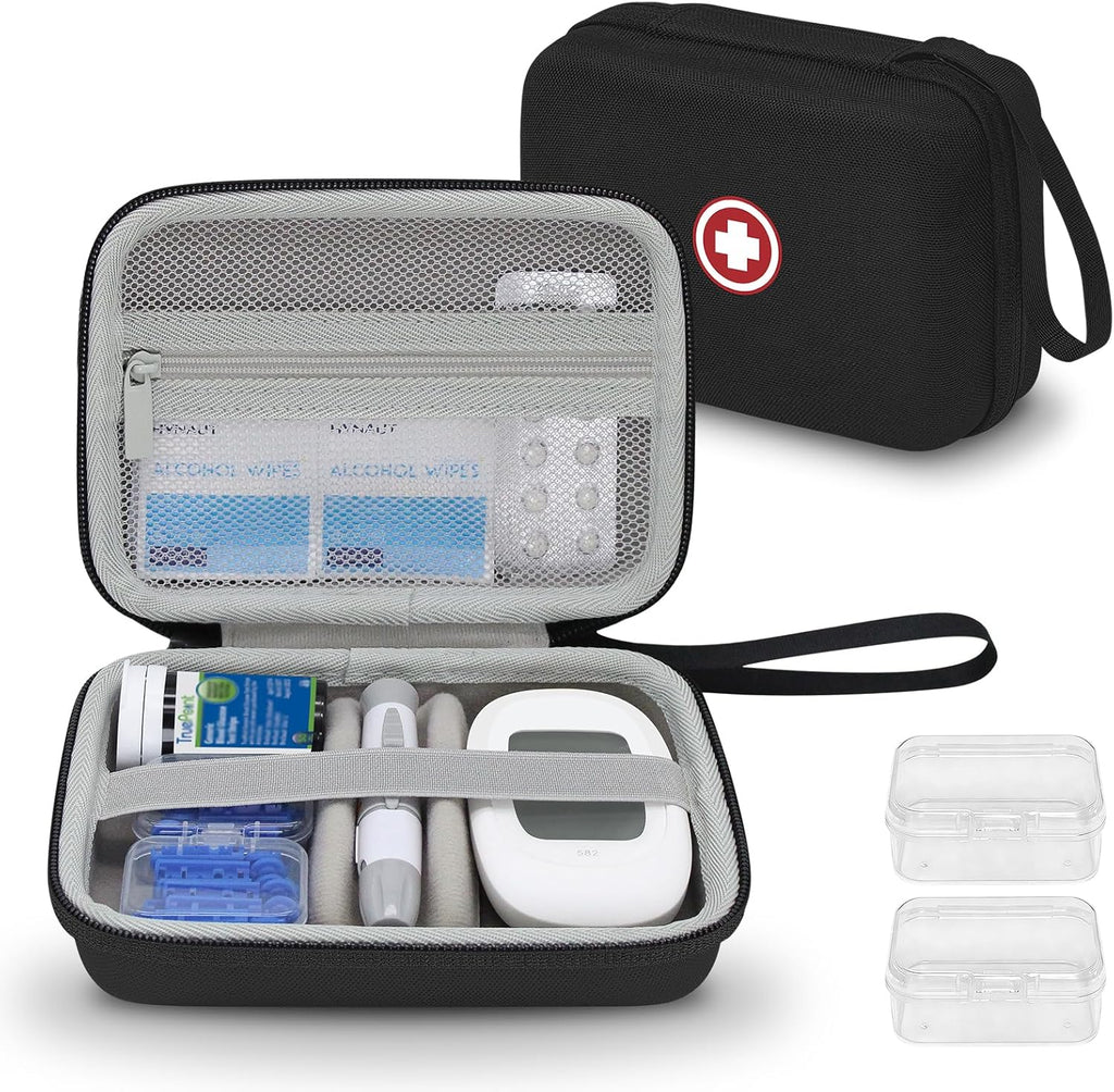 Diabetic Supplies Travel Case, Carrying Case Organizer for Diabetes Testing Kit, Blood Glucose Monitor Kit with Meter, Blood Sugar Test Strips, Lancets, Lancing Device(Case Only) (Gray Interior)