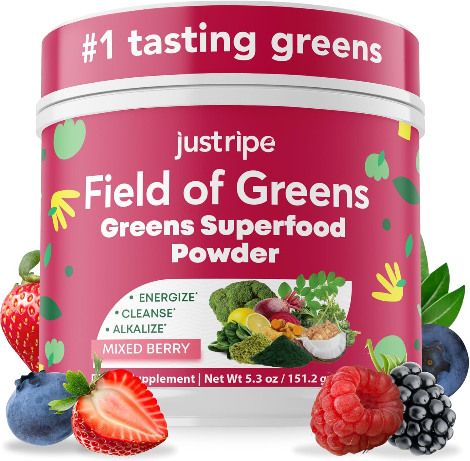 Field of Greens - Greens Powder Organic Daily Super Greens Powder Drink with Moringa Spirulina Wheat Grass Barley Grass Lemon Beet Root for Daily Nutrition - 28 Scoops (Mixed Berry Flavor)
