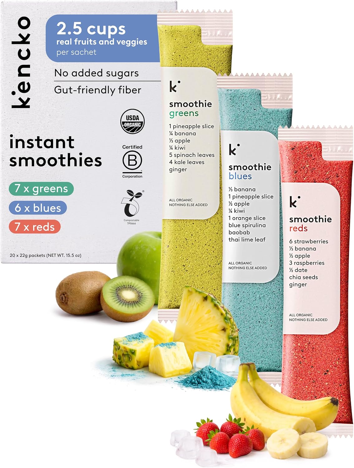kencko Instant Smoothie Powder Mix Variety Packets, 20 Pack - Reds, Blues & Greens - Healthy Freeze-Dried Fruit & Veggie Superfood Powdered Drink Mix - Plant-based, Vegan, Dairy Free & No Added Sugar