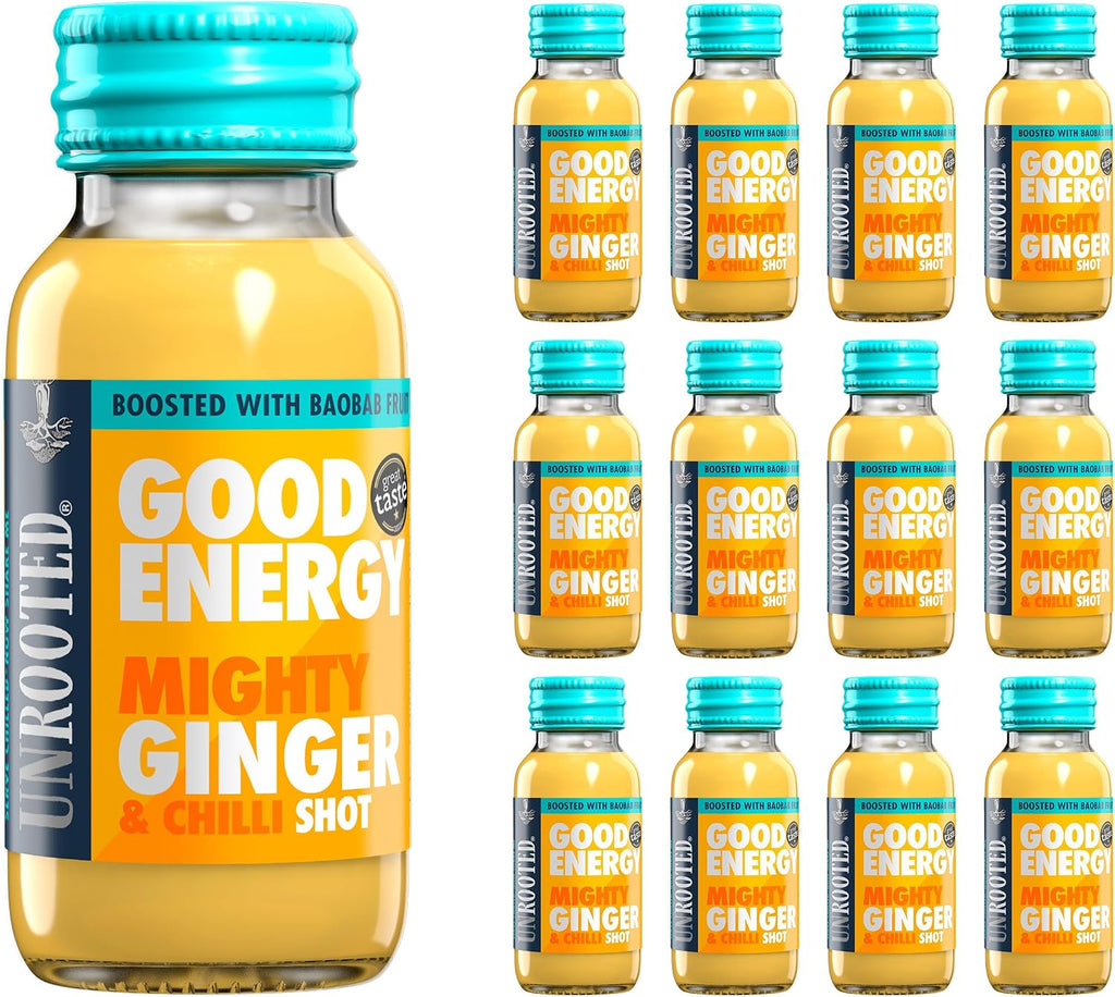UNROOTED Good Energy Shot (12 Pack, Mighty Ginger) - Immune System and Natural Energy Booster - 12 x 60ml Bottles - Ginger, Turmeric, Chilli & Baobab