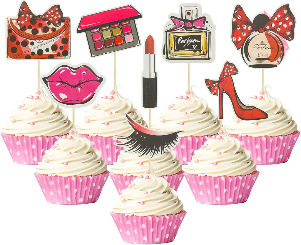 Gyufise 32 Pack Makeup Cupcake Toppers Happy Birthday Glitter Cosmetics Theme Bridal Shower Cake Toppers Makeup Theme Girl Birthday Party Cake Decoration Supplies