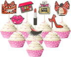 Gyufise 32 Pack Makeup Cupcake Toppers Happy Birthday Glitter Cosmetics Theme Bridal Shower Cake Toppers Makeup Theme Girl Birthday Party Cake Decoration Supplies