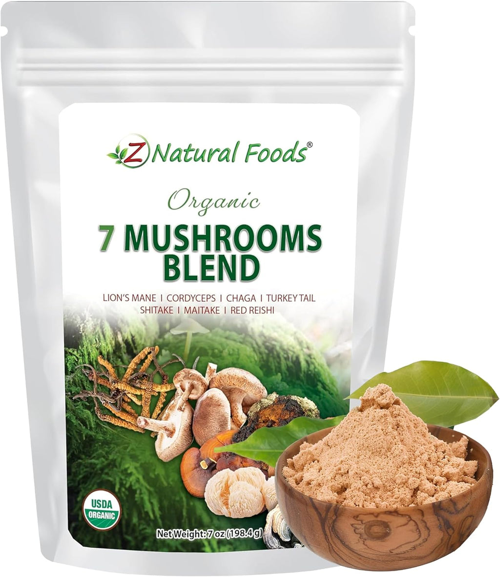 Z Natural Foods Organic 7 Sacred Mushrooms Blend - Mushroom Powder - Lion’s Mane, Cordyceps, Chaga, Red Reishi, Shiitake, Maitake & Turkey Tail Extract for Coffee, Smoothies, 7 oz