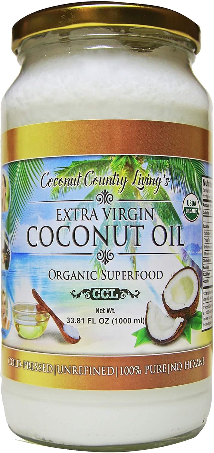 Coconut Country Living's Extra Virgin Coconut Oil in Glass Jar- Cold Pressed, Unrefined organic Superfood for Hair, Skin, Beauty, Cooking - Keto & Paleo Diet Friendly - 33.81 oz