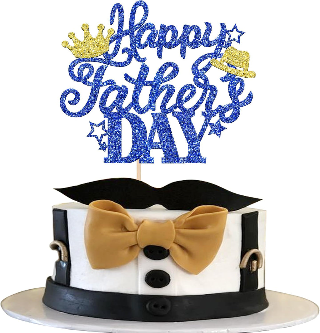 Rsstarxi 1 Pack Happy Father's Day Cake Topper Glitter Best Dad Cake Pick with Hat Crown Love Dad Cake Decorations for Happy Father's Day Birthday Party Supplies Blue
