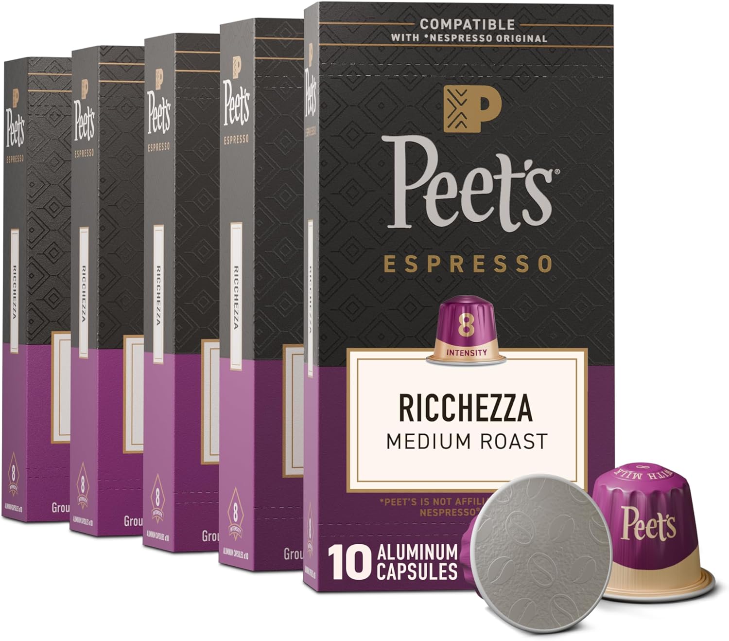 Peet's Coffee, Medium Roast Espresso Capsules, Compatible with Nespresso Original Machine, 100% Arabica Coffee - Ricchezza Intensity 8, 50 Count (5 Boxes of 10 Espresso Capsules)