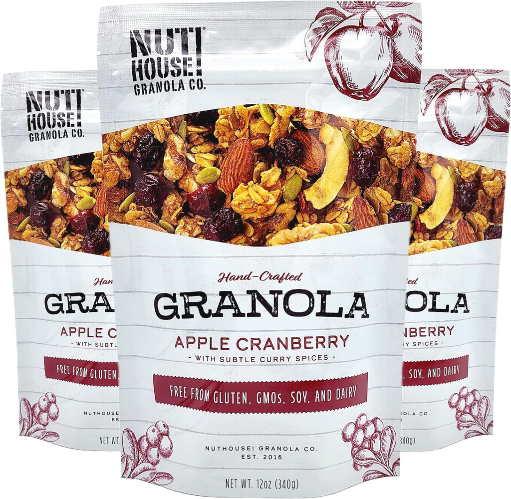 NutHouse! Granola Company - Premium Apple-Cranberry Granola | Certified Gluten-Free, Non-GMO, Kosher | Vegan, Soy-Free | 12 oz. Bag (3-Pack)