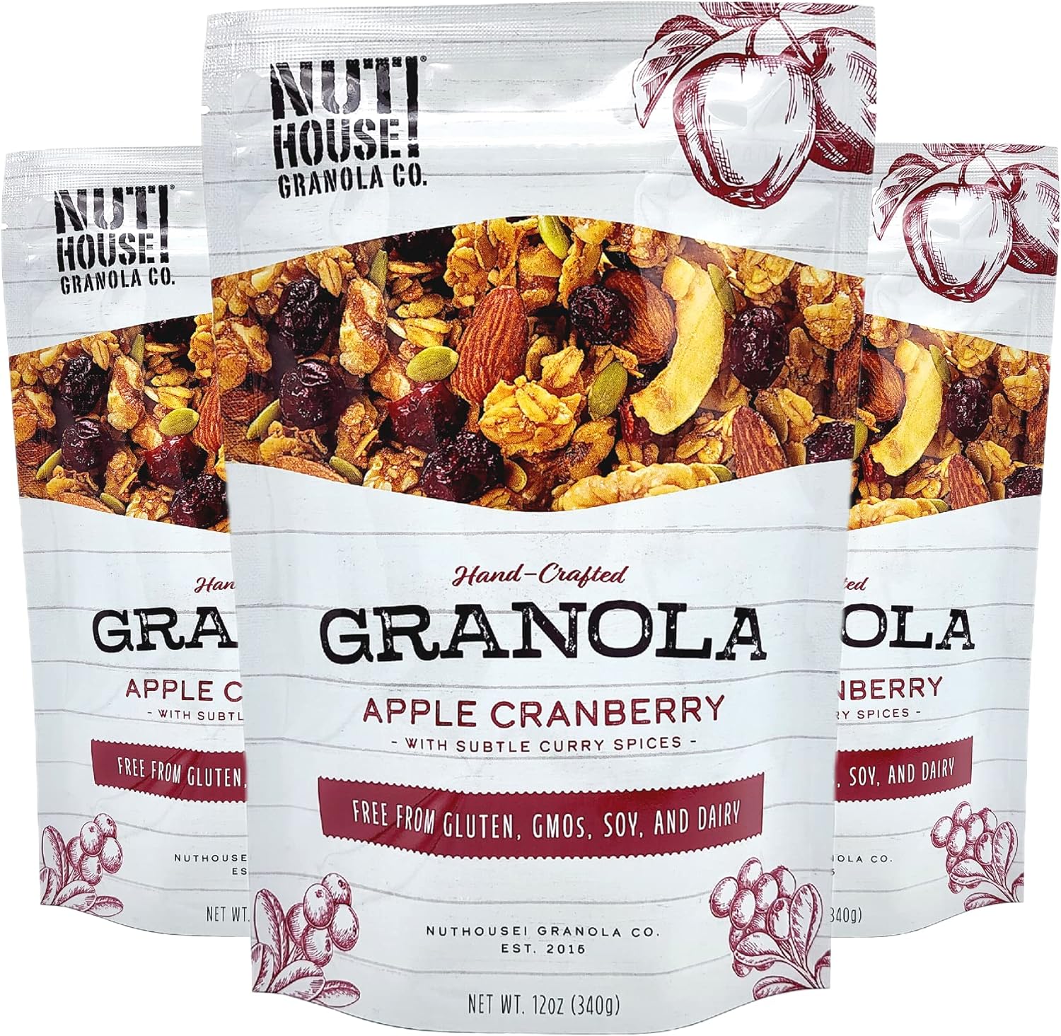NutHouse! Granola Company - Premium Apple-Cranberry Granola | Certified Gluten-Free, Non-GMO, Kosher | Vegan, Soy-Free | 12 oz. Bag (3-Pack)