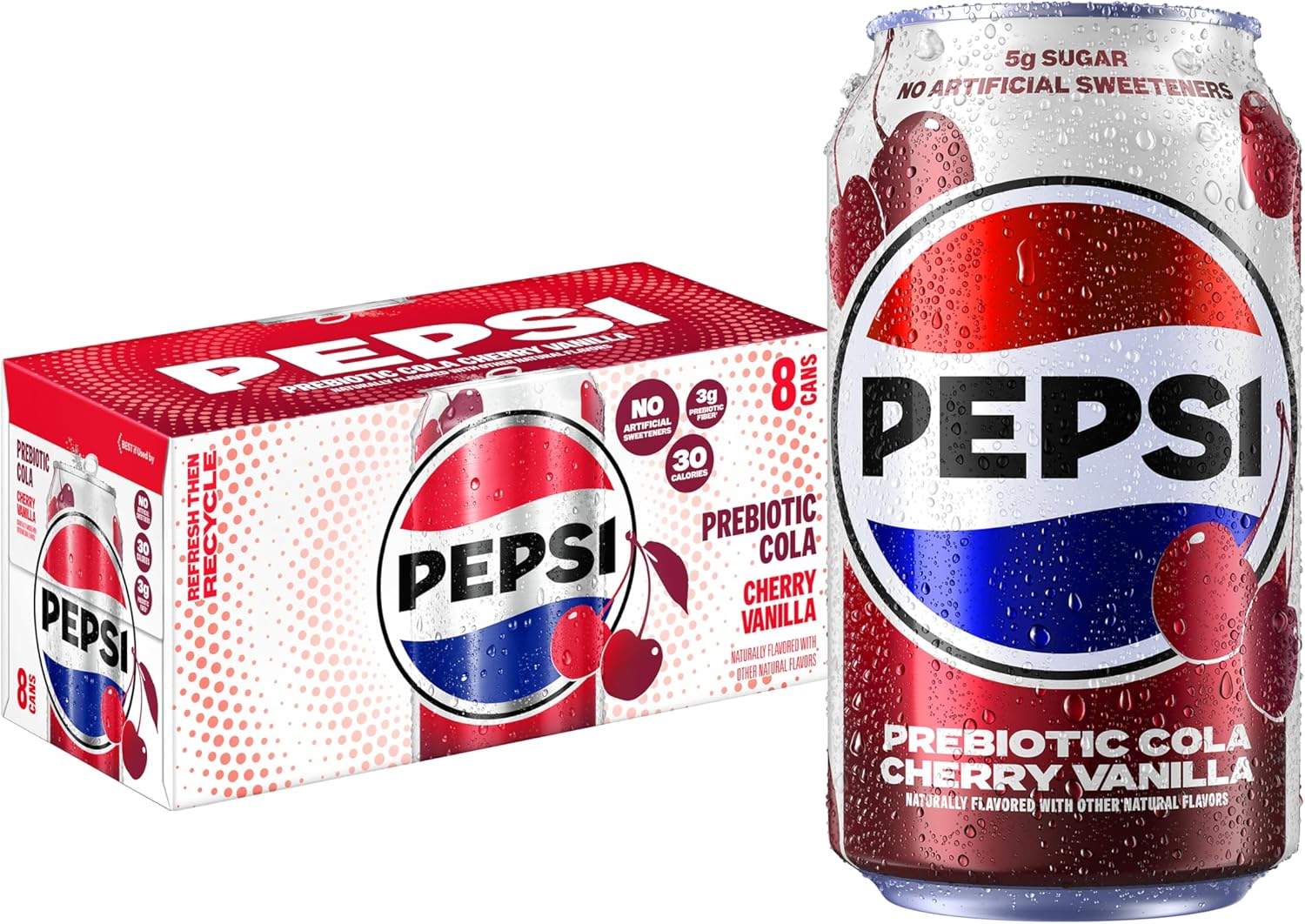 Pepsi Prebiotic Cola, Cherry Vanilla, 12 fl oz Cans (8 Pack), 30 Calories, 5g Prebiotic Fiber, 5g Sugar, Soda Pop Cola