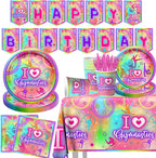 Gymnastics Party Decorations,142pcs Gymnastics Tableware Set I Love Gymnastics Plates Cups Neon Glow Gymnast Table Covers Happy Birthday Banner for Gym Theme Birthday Party Baby Shower