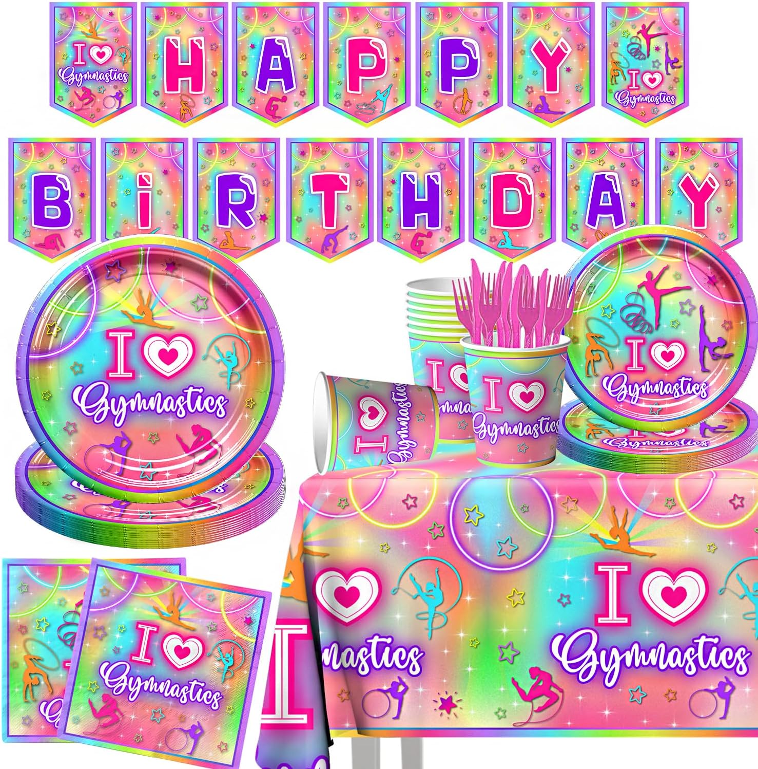 Gymnastics Party Decorations,142pcs Gymnastics Tableware Set I Love Gymnastics Plates Cups Neon Glow Gymnast Table Covers Happy Birthday Banner for Gym Theme Birthday Party Baby Shower