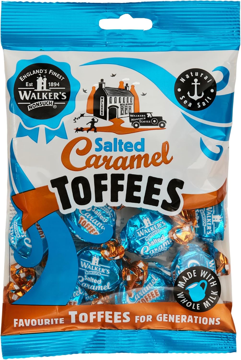 Walkers Nonsuch Salted Caramel Toffees Bag 5.29 Oz (150g) - British Chewy Butter Toffee Candy, Individually Wrapped with Anglesey Sea Salt, Imported from UK, Traditional English Sweets