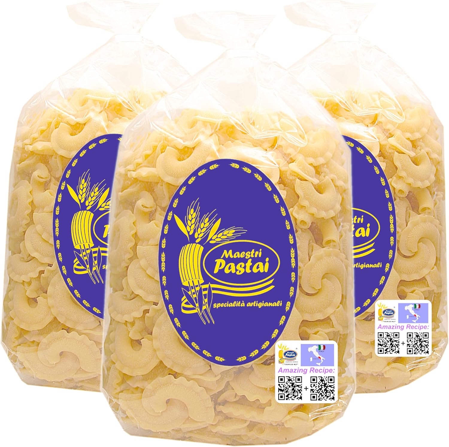 Maestri Pastai, Gourmet Creste Di Gallo "Rooster Crest" Italian Pasta (Special "Series 42"), Premium Quality "Italian Elbow Macaroni" from Mercato San Severino, Italy, 17.66 oz (1.1 lbs) (Pack of 3)