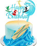 Arthsdite 1 Pc Surfing Happy Birthday Cake Topper, Surfboard Birthday Cake Topper for Summer Hawaii Beach Surfing Sports Surfer Themed Party Decorations - Blue Glitter