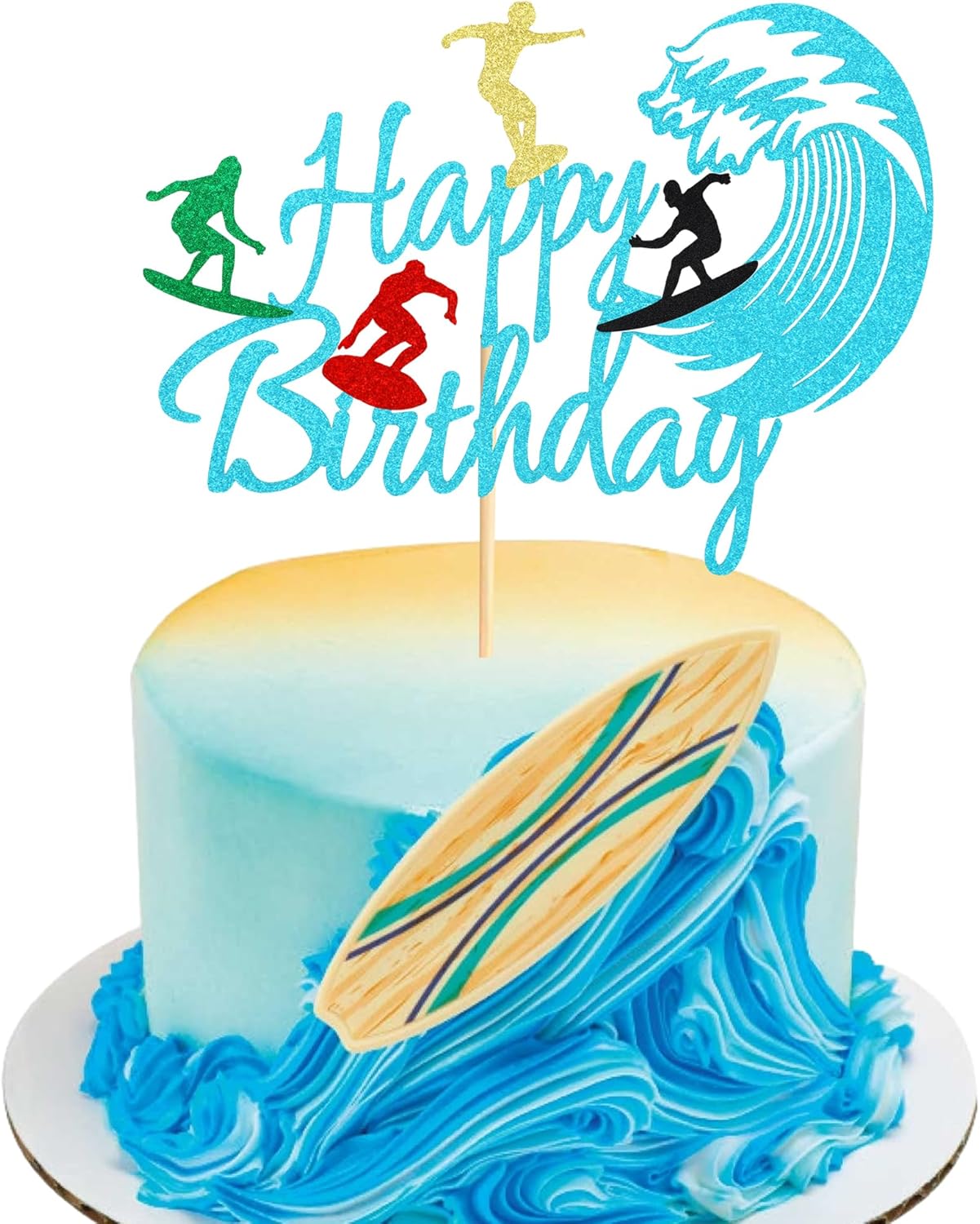 Arthsdite 1 Pc Surfing Happy Birthday Cake Topper, Surfboard Birthday Cake Topper for Summer Hawaii Beach Surfing Sports Surfer Themed Party Decorations - Blue Glitter