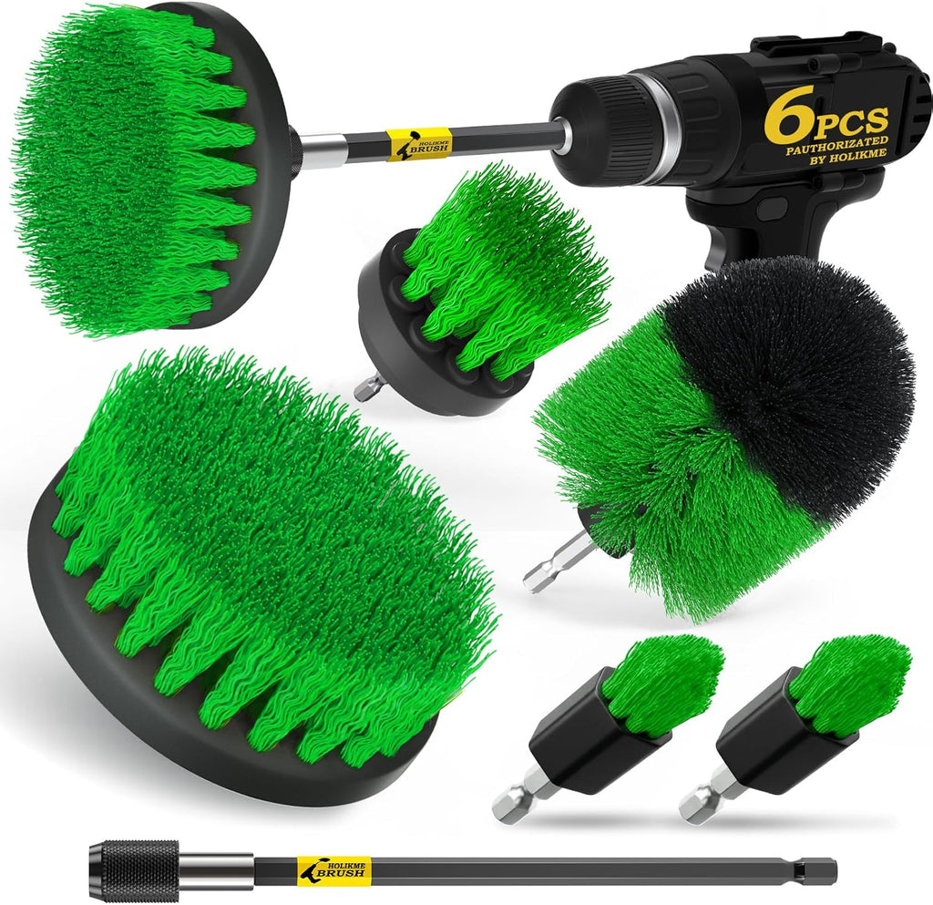 Holikme 6Pack Drill Brush Power Scrubber Cleaning Brush Extended Long Attachment Set All Purpose Drill Scrub Brushes Kit for Grout, Floor, Tub, Shower, Tile, Bathroom，Scrub Brush Green