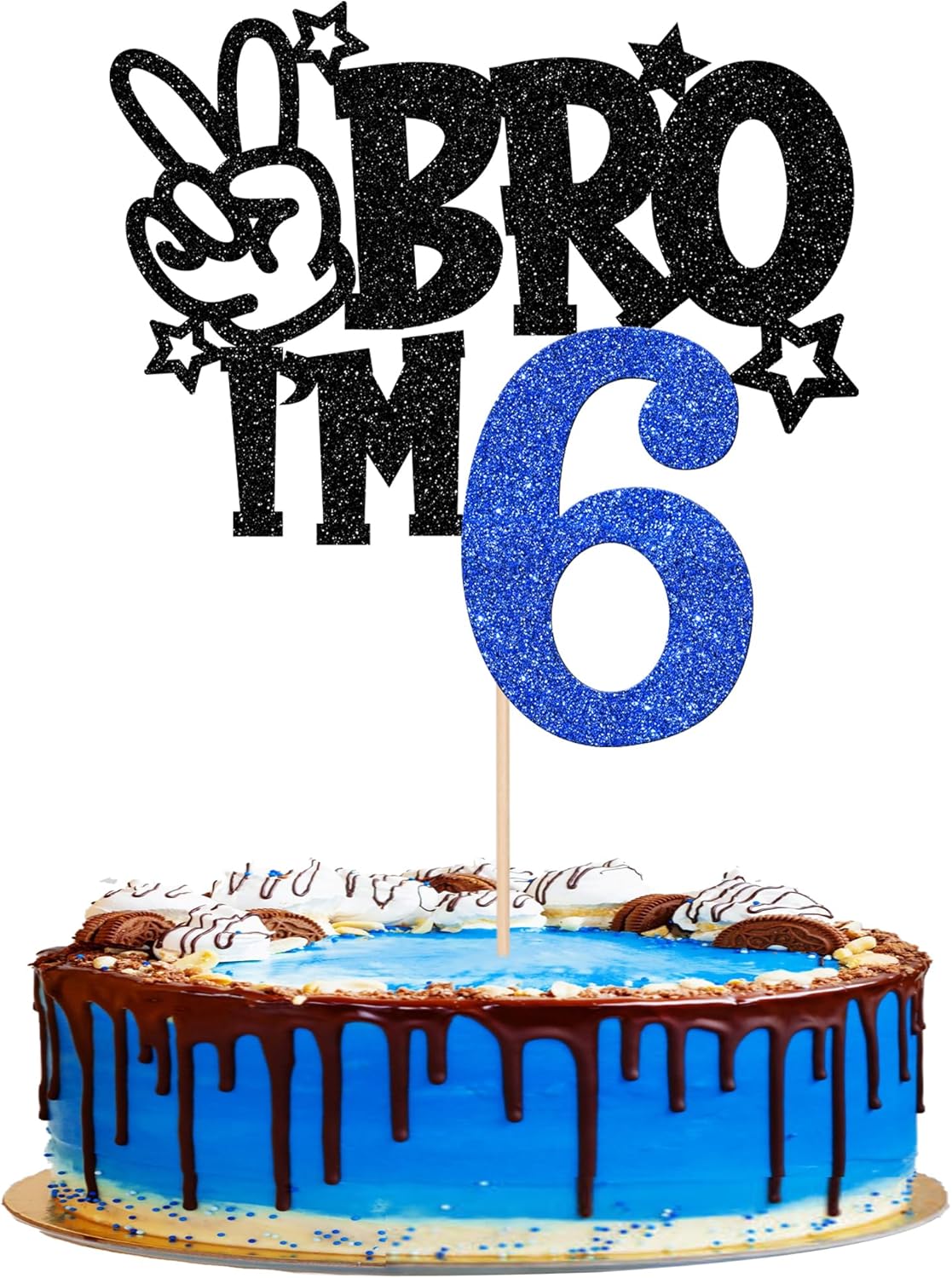 1 PCS Brother I'm 6 Cake Topper Glitter Star Happy 6th Birthday Cake Pick Bro I'm 6 Cake Decoration It's My 6th Birthday Decorations for Boys Cheers to 6 Years Old Birthday Party Supplies Blue