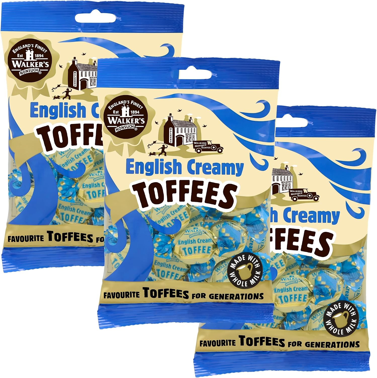 Walkers Nonsuch English Creamy Toffees Bag 5.29 Oz (Pack of 3) – Traditional British Butter Toffee Candy with Whole Milk, Individually Twist-Wrapped Chewy Sweets, Old-Fashioned Gourmet Treat from UK