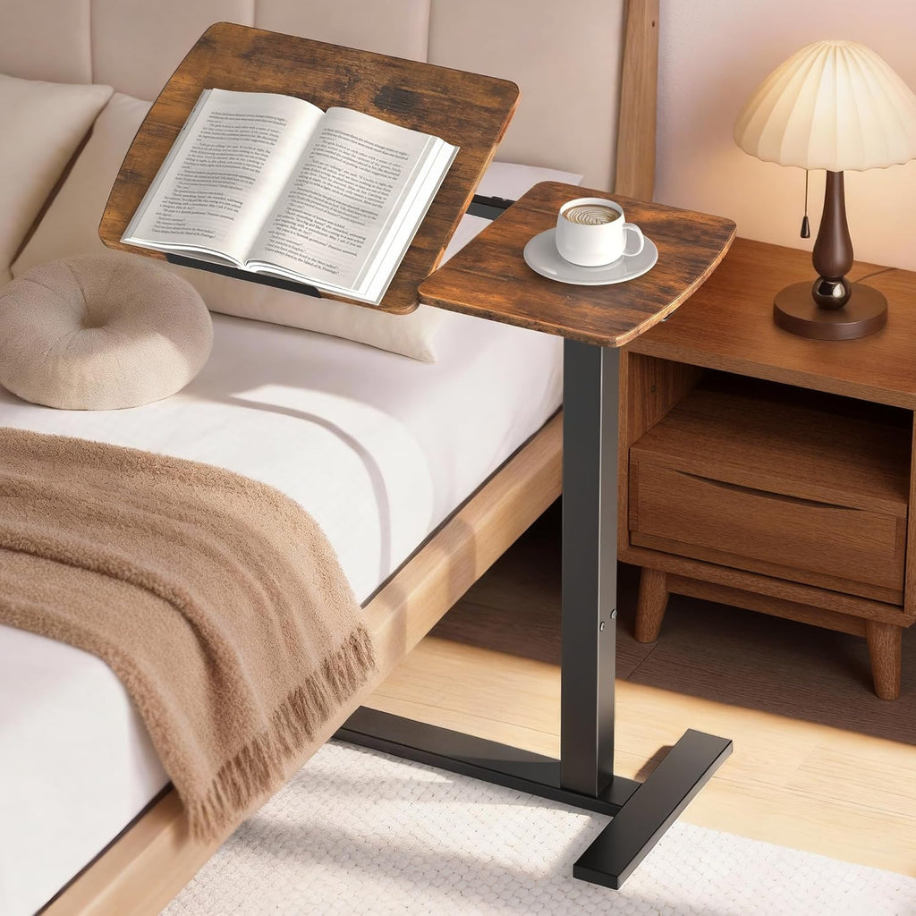 Sakugi Overbed Bedside Table with Wheels, Height Adjustable Laptop Desk, Hospital Bed Table with Right-Side Tilt Top, Rolling Bed Tray for Home & Office,27.6" L x 12.9" W x 29.1"–39" H, Brown