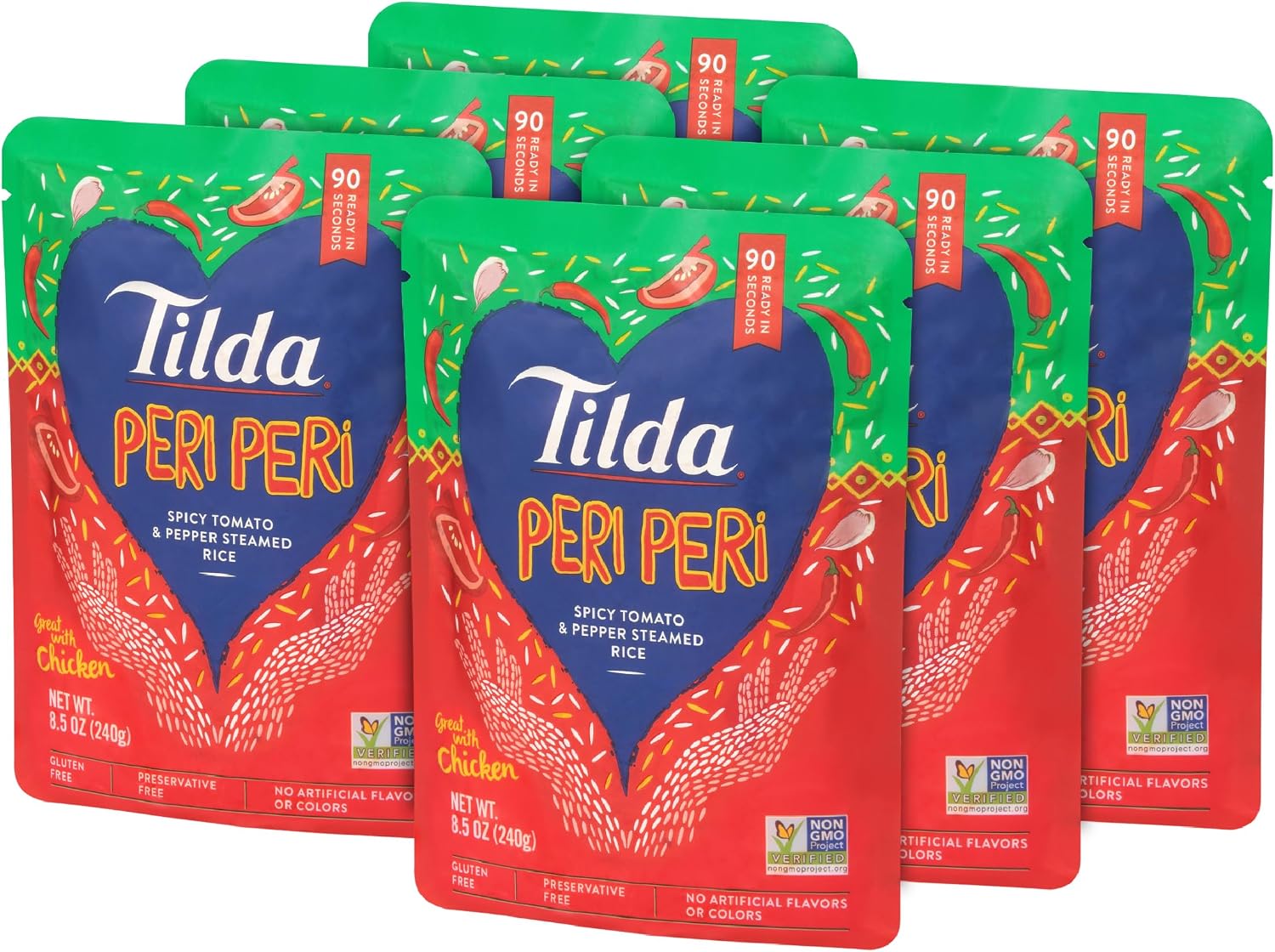Tilda Ready To Heat Peri Peri Rice, No Artificial Colors, Flavors or Preservatives, Vegan & Vegetarian Friendly, Gluten Free & Non-GMO, 8.5 Ounce (Pack of 6)