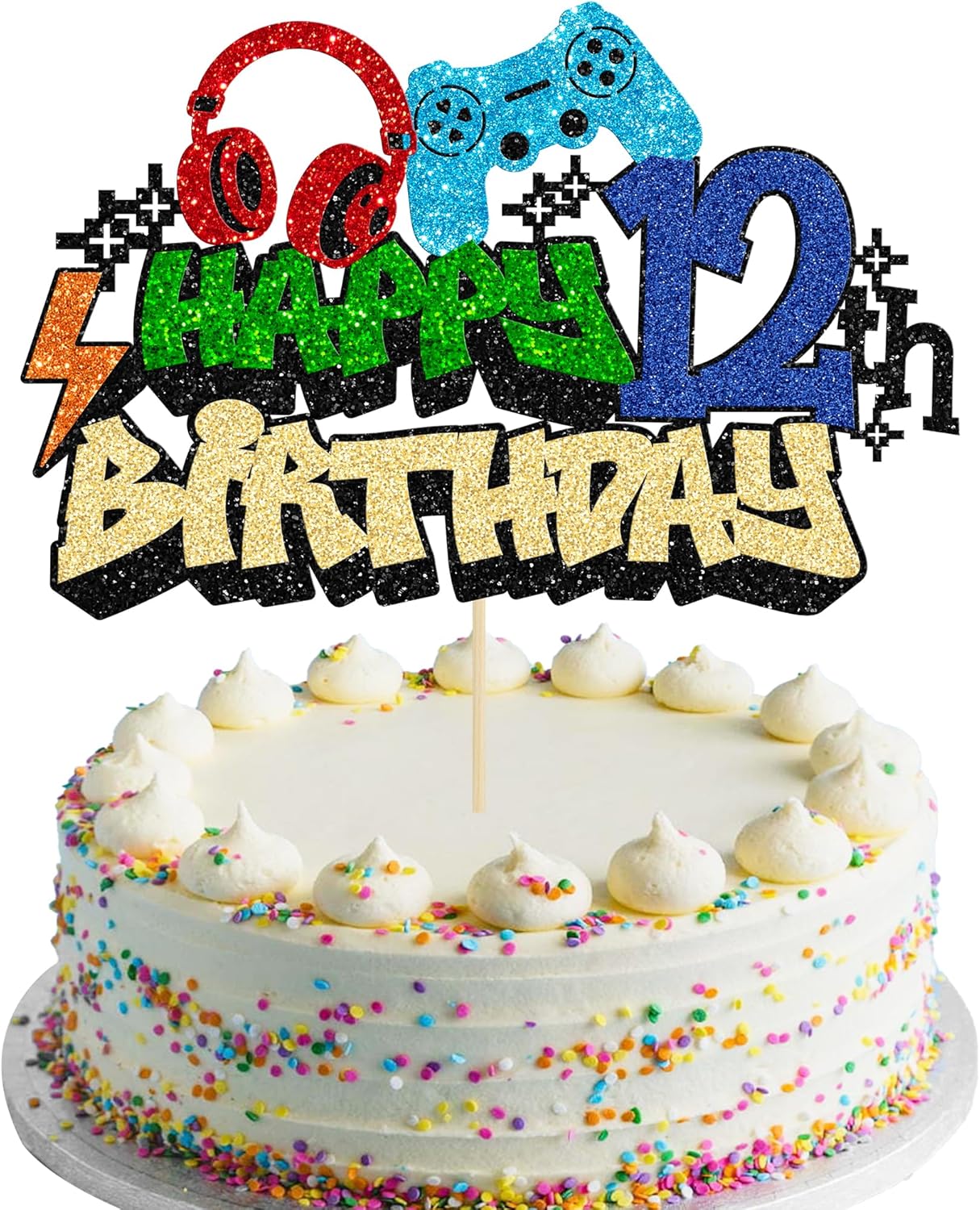 Gyufise 1Pcs 12th Birthday Video Game Cake Topper Gaming Level Unlocked Game On Controllers Cake Pick Decorations Game Theme Baby Shower 12th Birthday Anniversary Party Cake Decorations