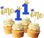 Rsstarxi 24 Pack One Cupcake Toppers Glitter First Birthday Cupcake Pick Decorations Crown Cake Decorations for Baby Shower Party Decorations Blue Gold
