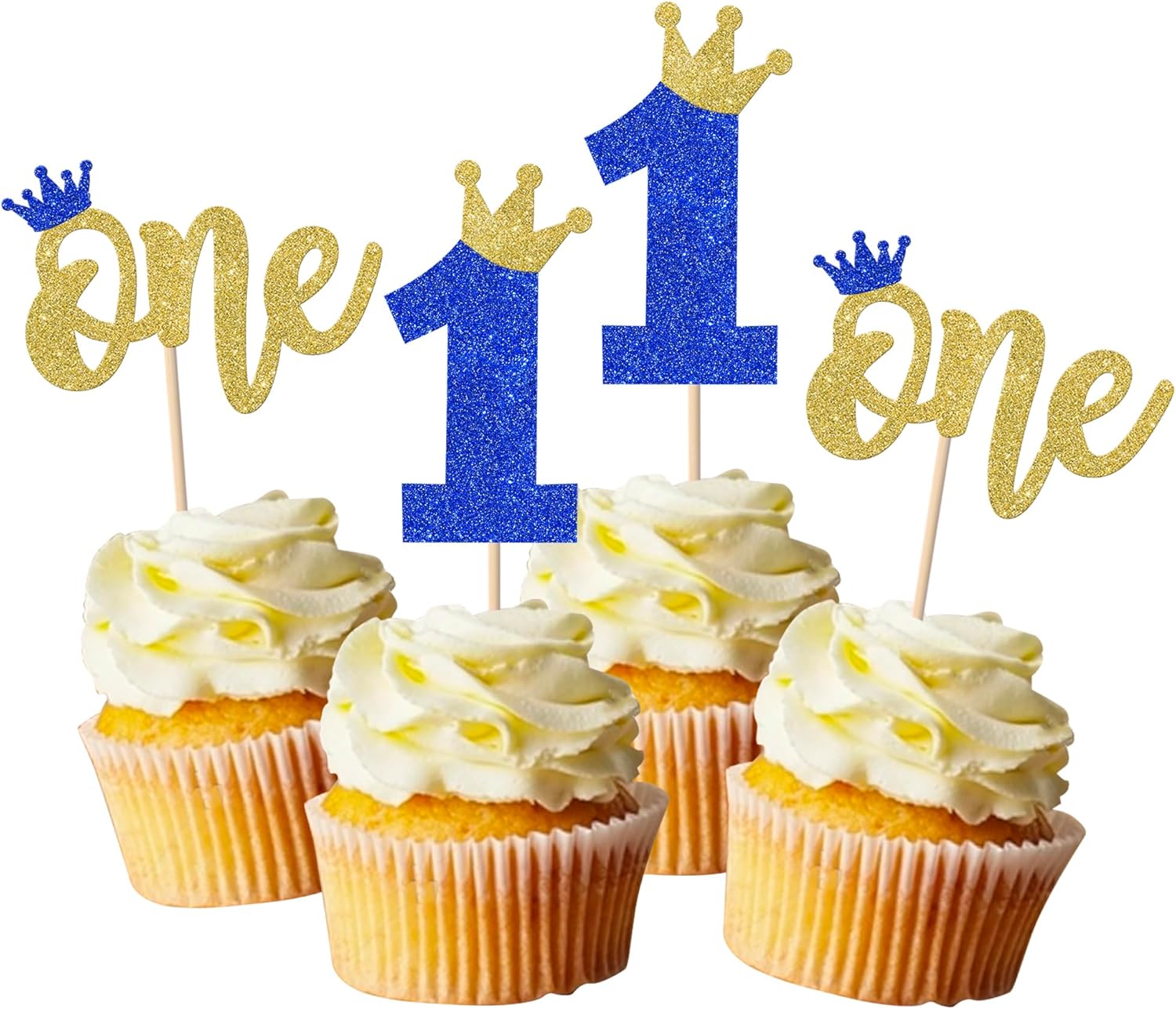 Rsstarxi 24 Pack One Cupcake Toppers Glitter First Birthday Cupcake Pick Decorations Crown Cake Decorations for Baby Shower Party Decorations Blue Gold